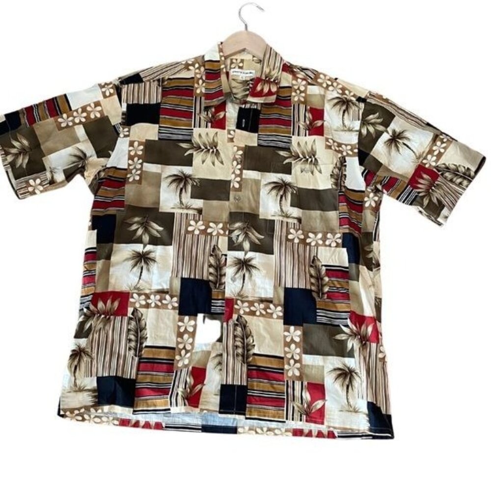 Pierre Cardin Mens Hawaiian Shirt L Short Sleeve Tropical Print 100% Cotton Beig